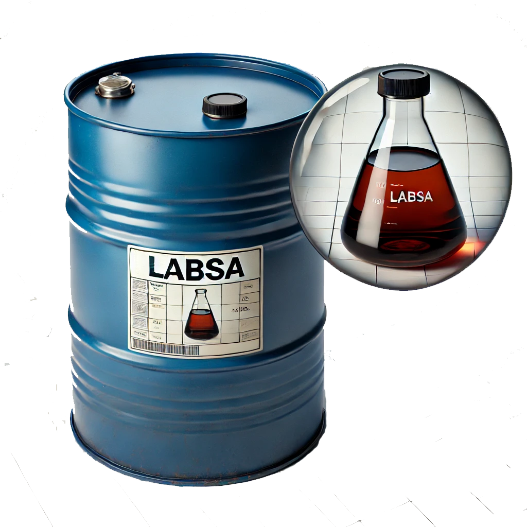 Blue industrial drum of LABSA acid slurry
